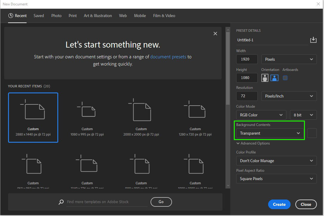 Photoshop transparent background settings